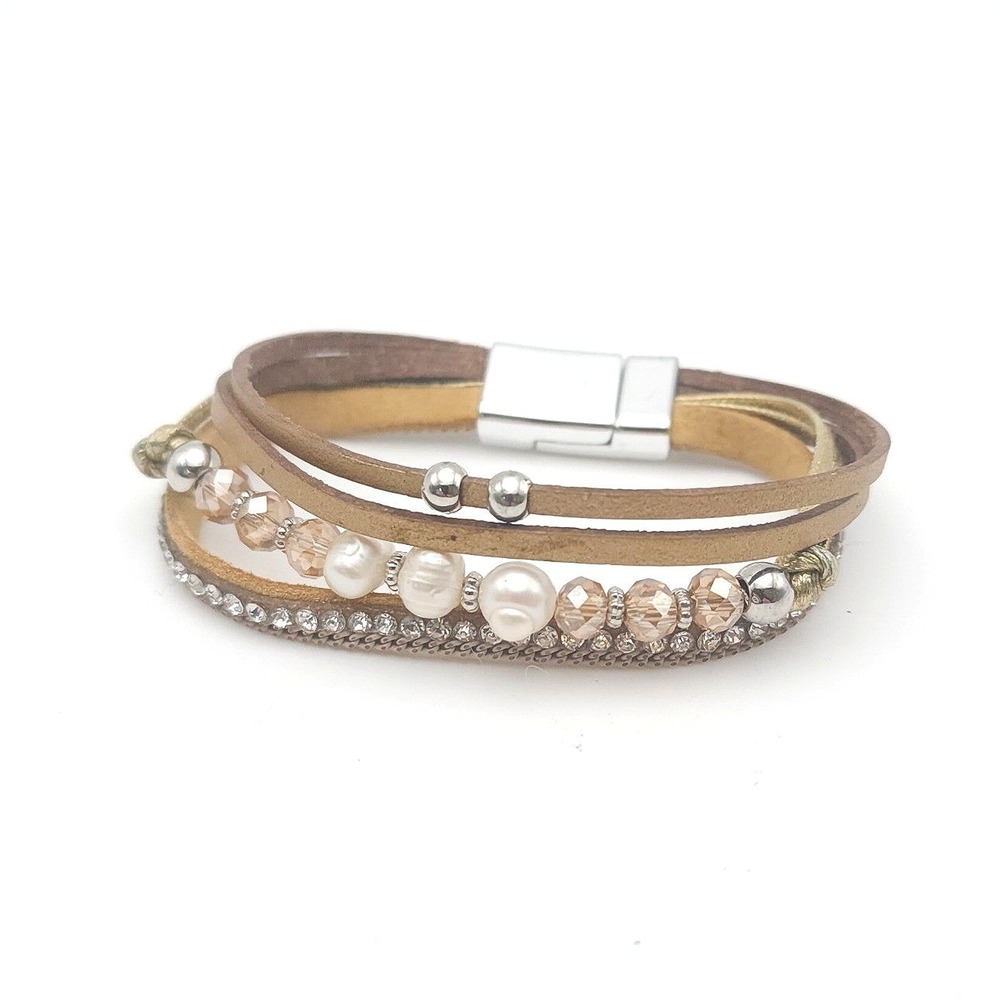Tan Multi Layer Wrap Bracelet Faux Leather Pearl Crystal Magnetic Clasp 7 in